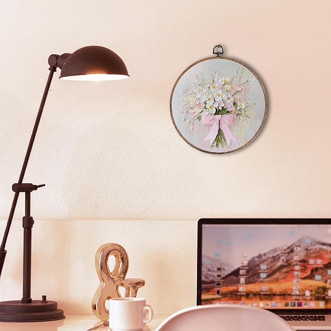 Hxlac Vintage Pink Bow Floral Bouquet Round Wall Art Framed, White Floral Round Wall Decor, Vintage Flower Hanging Canvas Prints Wall Sculptures for Bedroom Living Room Decor, 10x10 Inch