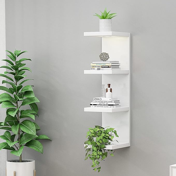 Versatile 4 Tier Wall Shelf Unit,White Lack Wall Shelf,Display Floating Shelf with LED Remote Control Light