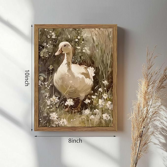 Framed Goose Wall Art, Rustic Vintage Floral Animal Oil Painting, Retro Farmhouse Country Pictures Artwork, Cottagecore Canvas Prints Wall Decor for Living Room Bedroom Farm – 8x10 inch