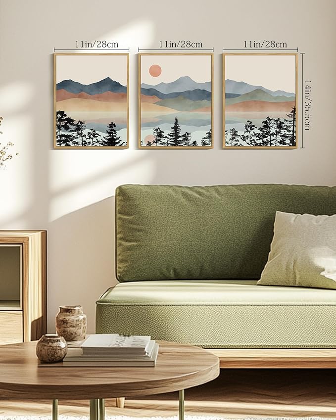 Drsoum Mountain Range Landscape Wall Art Framed Ink Wash Watercolor Nature Wall Decor Laker Sun Rises Prints Bedroom Living Room Ready to Hang 11x14in Natural Framed