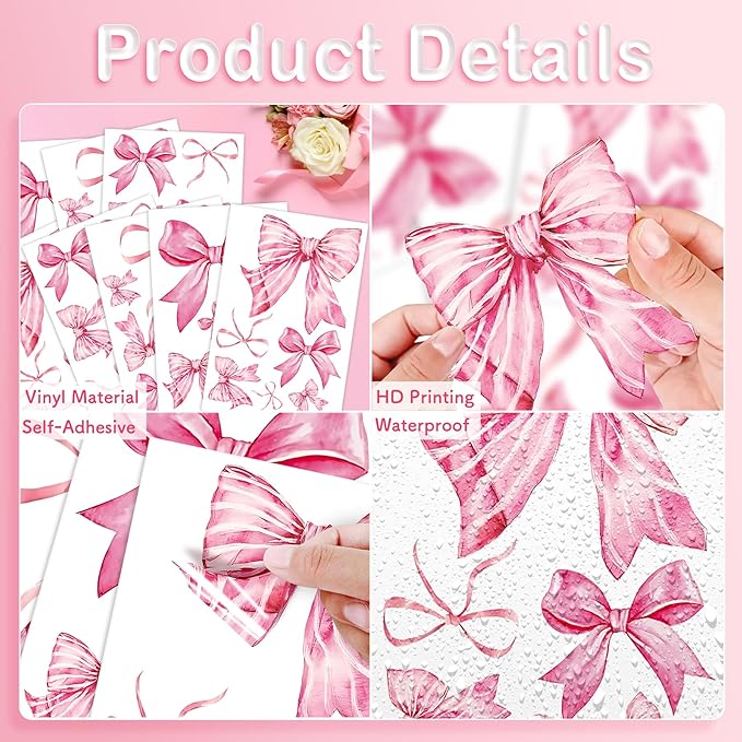 Pink Bow Wall Stickers, 8Sheets 46Pcs Bow Knot Wall Decals Watercolor Bow Wallpaper Peel and Stick for Nursery Kindergarten Girls Bedroom Coquette Room Décor