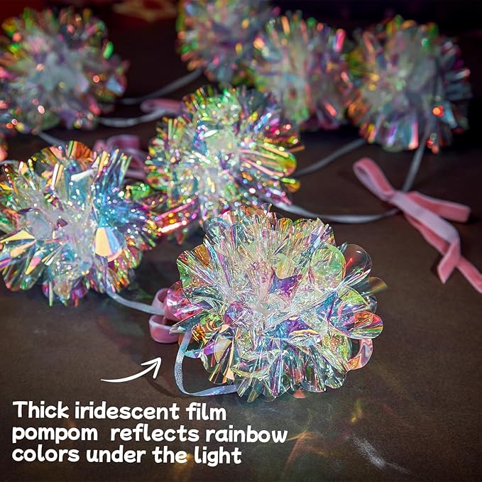 Iridescent Party Decorations, Iridescent Pompom Garland with Pink Bow Banner 1 Piece, Shimmering Mantel Garland for Birthdays, Weedings, Girls Party Decorations