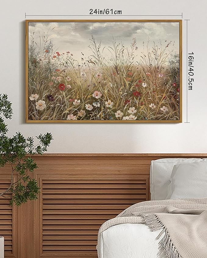 SHENIFY Vintage Landscape Framed Wall Art Meadow with Flowers Farmhouse Decor Retro Wildflower Field Scenery Painting for Hallway Living Room Bedroom Dining Room - 16x24in Natural Framed