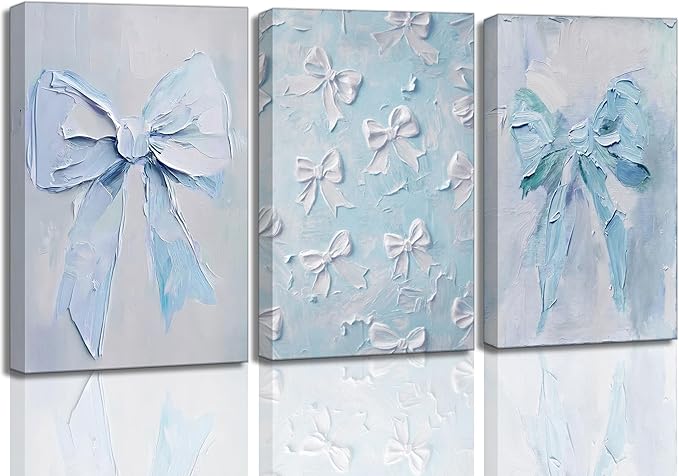 3Pcs Trendy Blue Bow Canvas Wall Art Vintage Cute Preppy Watercolor Bow Painting Pictures Wall Decor Posters Prints Girly Aesthetic for College Apartment Bedroom Decoration