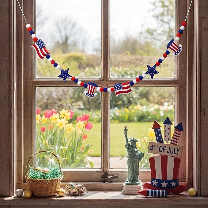 Felt 4th of July Garland 3D Red White Blue Patriotic Pom Ball Banner with Flag & Stars 250th Anniversary Decorative Hanging Bunting for Home Mantel Independence Day Memorial