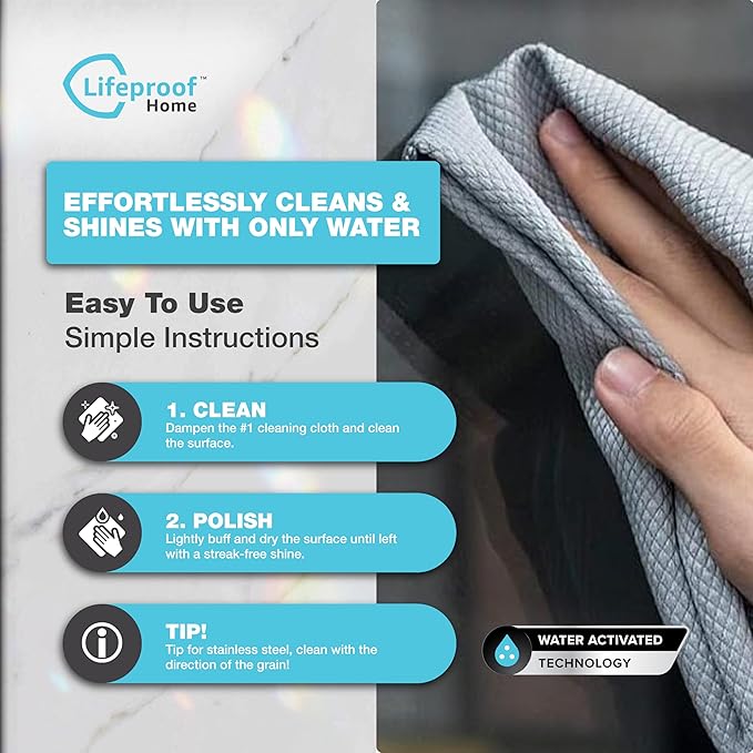 Lifeproof Streakless Microfiber Eco Cleaning Cloth Set - Effortlessly Cleans Stainless, Glass & Stone With Only Water - 3 Pack Set