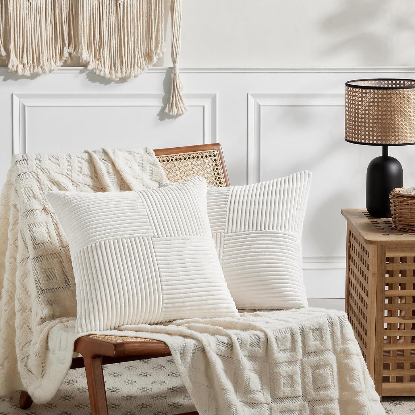 Fancy Homi 2 Packs Cream White Decorative Throw Pillow Covers 18x18 Inch for Living Room Couch Bed Sofa, Farmhouse Boho Home Decor, Soft Corss Corduroy Patchwork Textured Square Cushion Case 45x45 cm