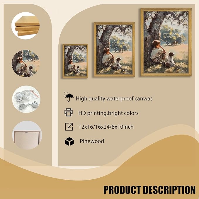 Wood Framed Canvas Wall Art, Vintage Boy and Dog Painting Poster, Countryside Pastoral Landscape Print Picture, Rustic Farmhouse Wall Decor for Living Room Bedroom Nursery 16x24 inch