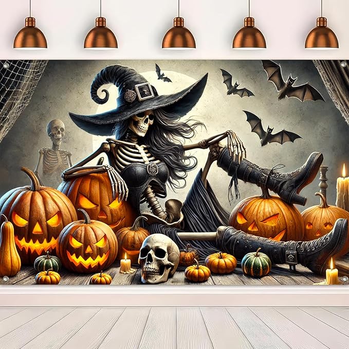Halloween Banner 71x43 Inch Scary Witch Skeleton Backdrop Trick or Treat Yard Sign Spooky Halloween Decorations for Outdoor Haunted House Wall Party