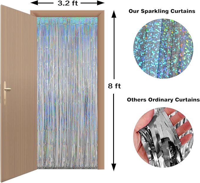 Foil Fringe Curtains New Years Eve Party Supplies 2026 - Melsan 3 Pack 3.2 x 8.2 ft Silver Tinsel Curtain Photo Backdrop for Birthday Party or Disco Party Decorations