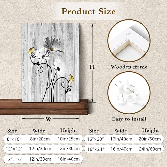 HVEST Rustic Farmhouse Floral Wall Art for Living Room Gray Floral and Yellow Butterfly on Country Wooden Bathroom Wall Decor, Gray White Framed Wall Art for Bedroom Kitchen Home, 20L x 16W Inches