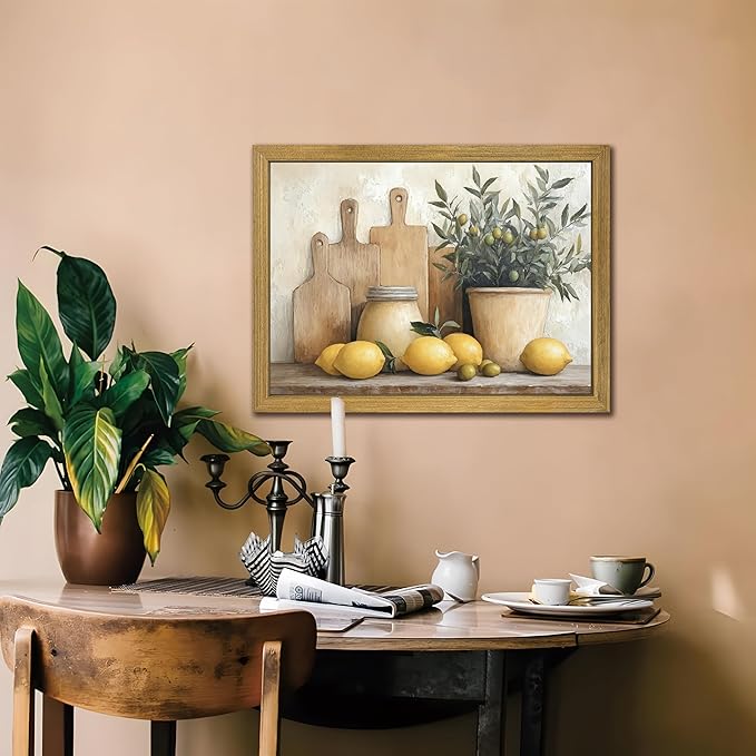 Wood Framed Vintage Kitchen Wall Art, Yellow Lemon Still Life Wall Decor Oil Paintings, Rustic Farmhouse Artwork Canvas Posters Prints Pictures for Living Room Bedroom Home Decor 16x24 Inch