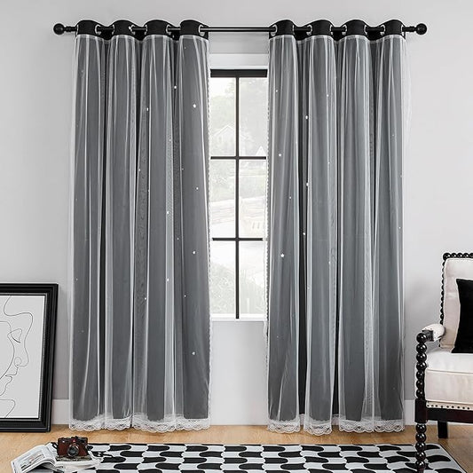 XiDi Black Curtains for Bedroom 2 Panel Set, Blackout Curtains for Girls Bedroom Decor, Star Hollow Out Drapes for Kids Room, Double Layer Window Treatment for Living Room 52x84 Inches Long