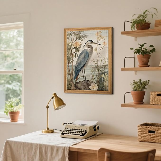 Framed William Morris Heron Wall Art, Vintage 3D Textured Botanical Wall Decor, Hand Drawn Sandstone Wildlife Picture Artwork, Modern Farmhouse Decor for Bedroom Living Room 12x16 inch