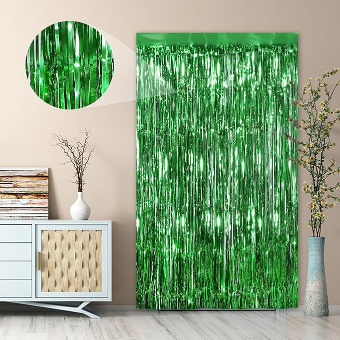 Green Fringe Curtain Party Streamers 2Pack 3.3 x 8.3 Ft Foil Fringe Backdrop Curtains for Birthday Wedding Bridal Baby Shower Holiday Tinsel Streamers Green Party Christmas Decorations Door Streamers