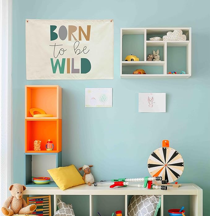 Born To Be Wild Theme Boys Nursery Banner-Rectangular Flag Sign for Baby Boy Kids-Home Bedroom Reading Room Playroom Dorm Decoration-Baby Shower Birthday Christmas Gift-Wild Theme