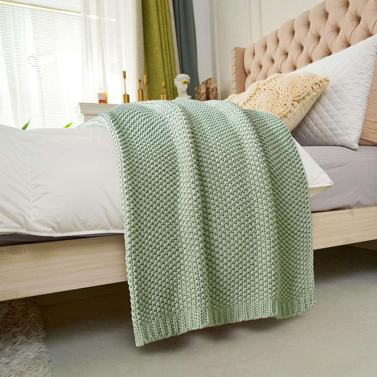 Chunky Cable Knit Throw Blanket Lightweight Light Green 100% Organic Cotton Blanket for Sofa Couch Bed Baby Nursery, Rustic Shabby Chic Modern Farmhouse, 51” x 63” Bonus Laundering Bag