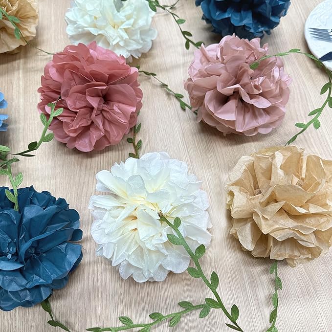 Dusty Rose Pink Blue Khaki Beige Tissue Paper Flowers Pom Pom with Leaf Ribbon Hanging Garland Streamer for Gender Reveal Baby Shower He or She Boy or Girl Vintage Themed Party Decorations Supplies