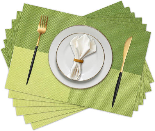 Vinyl Plastic Placemats Set of 6 Washable Heat Resistant Non-Slip Elegant Indoor Outdoor Kitchen Dining PVC Woven Table Place Mats (Matcha Green Lattice Block)