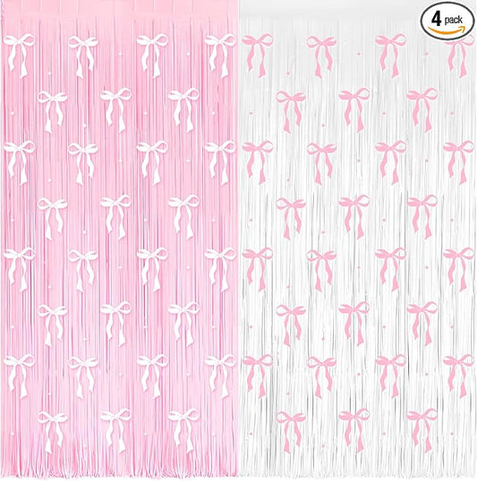 4 Pack Pink Bow Party Backdrop Decoration Pink Bow Foil Fringe Curtains for Girls Bow Birthday Baby Shower Decorations Bridal Shower Bachelorette Party Decor Supplies 3.2ft X 8.2ft