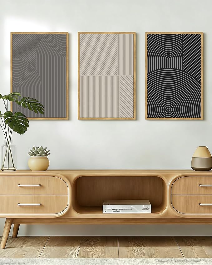 Drsoum Minimalist Abstract Wall Art Framed Modern Boho Neutral Line Wall Decor Mid Century Geometric Artwork Bedroom Living Room 16x24in Natural Framed