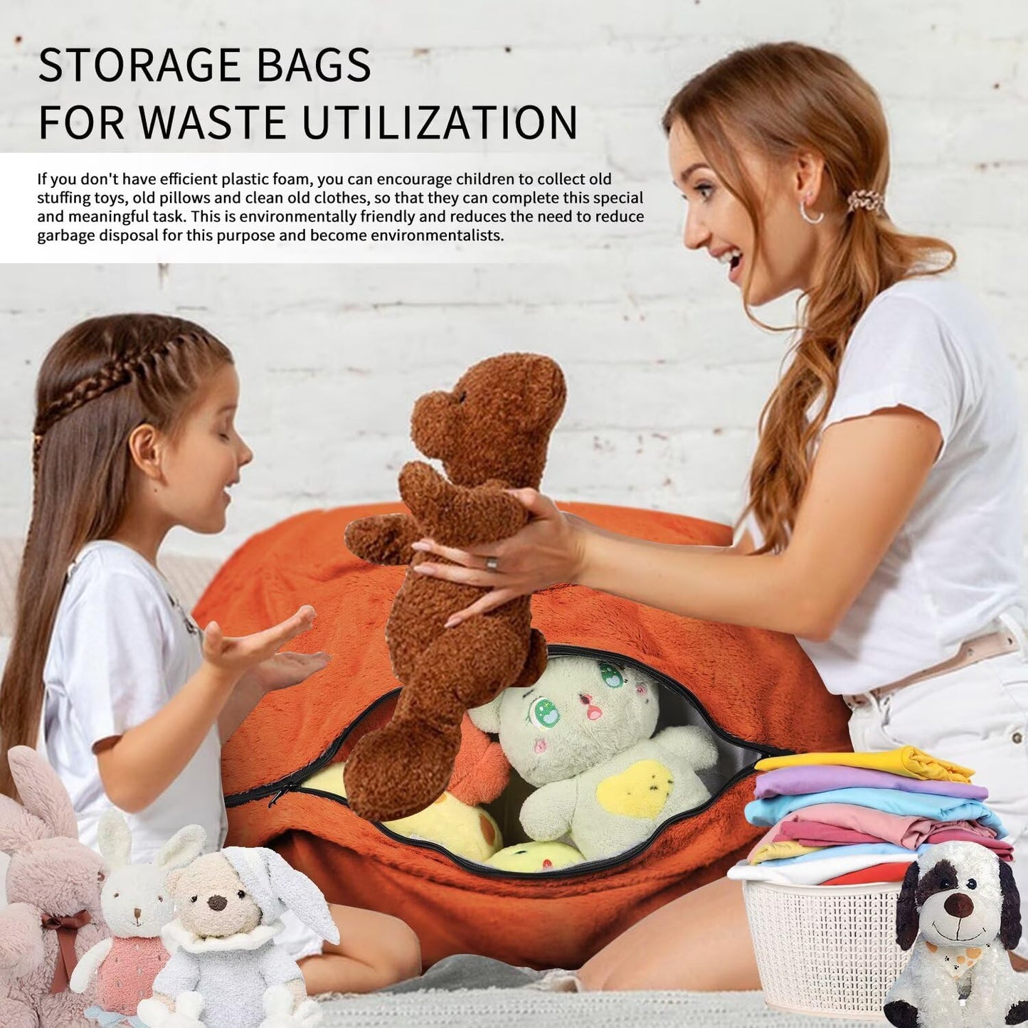 Bean Bag Chair for Adults 8FT,Soft Removable Cover for Teens/Girls Bedroom,Fluffy Giant Round Floor Beanbag Lounger Chairs (No Filler,Orange)