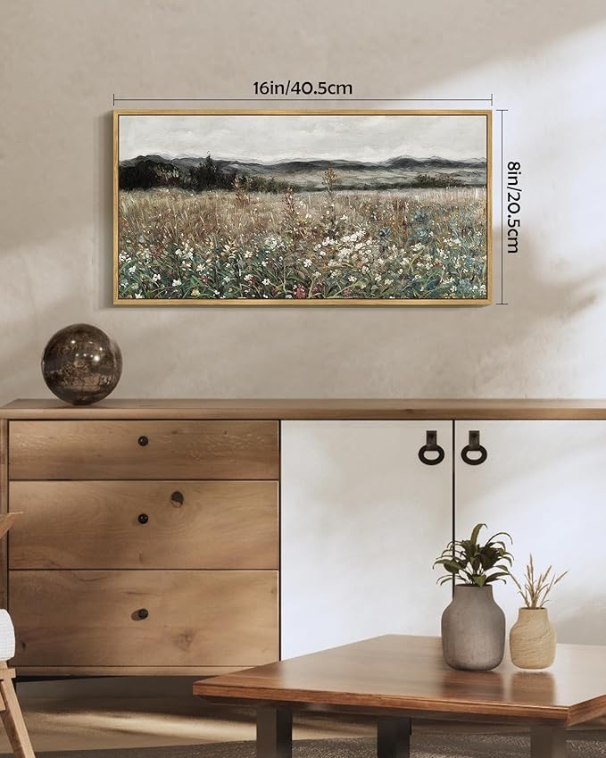 SHENIFY Vintage Landscape Framed Wall Art Meadow Flowers Farmhouse Decor Retro Classic Painting for Kitchen Bedroom Living Room Bathroom - 8x16in Natural Framed