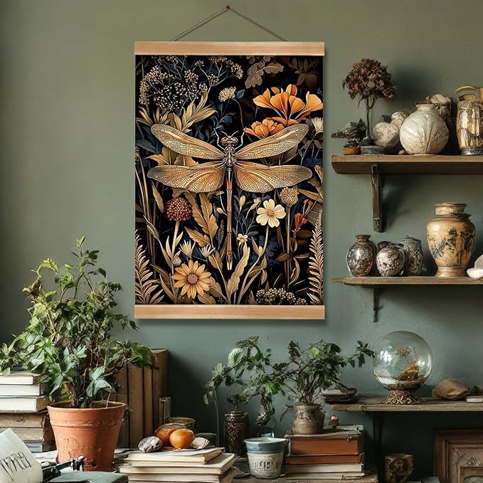 William Morris-Inspired Wall Art Poster, Vintage Dragonfly Hanging Wall Painting Buck Art, Mid-Century & Dark Academia Decor, Gothic Canvas Poster for Bedroom or Living Room 12x16inch(Dragonfly)