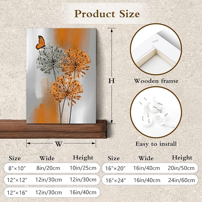 LB Orange Dandelion Wall Art Grey Floral with Butterfly on Vintage Background Canvas Wall Art Retro Abstract Wall Art Decor for Living Room Bedroom Bathroom Office Framed Ready to Hang 16L x 12W