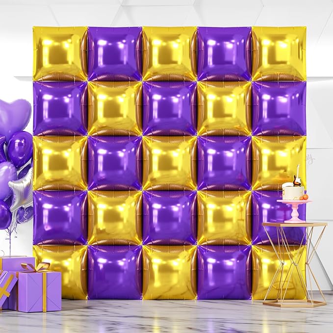 NISOCY 25PCS Purple Gold Square Foil Balloons Wall Backdrop Double Sided Gold Purple Balloons Arch Kit for Birthday Anniversary Graduation Prom Engagement Baby Bridal Shower Party Decorations