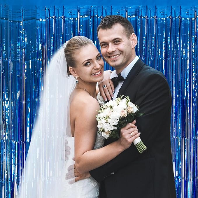 5 Pack Foil Curtain Backdrop Blue Metallic Tinsel Foil Fringe Curtains Photo Booth Props for Birthday Wedding Engagement Baby Shower Bachelorette Christmas Holiday Celebration Party Decorations