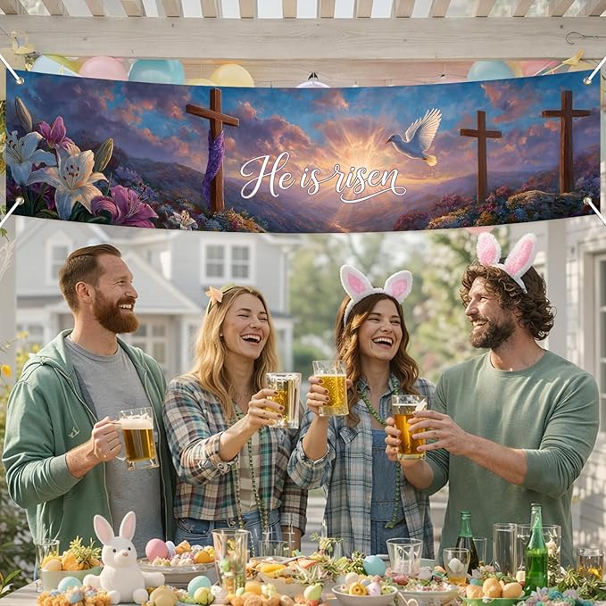 He Is Risen Easter Banner Christian Resurrection Spring Decor 78 x 17 Inch Religious Cross Scene Banner for Church Yard Fence Door Wall Indoor Outdoor Easter Faith Celebration Display