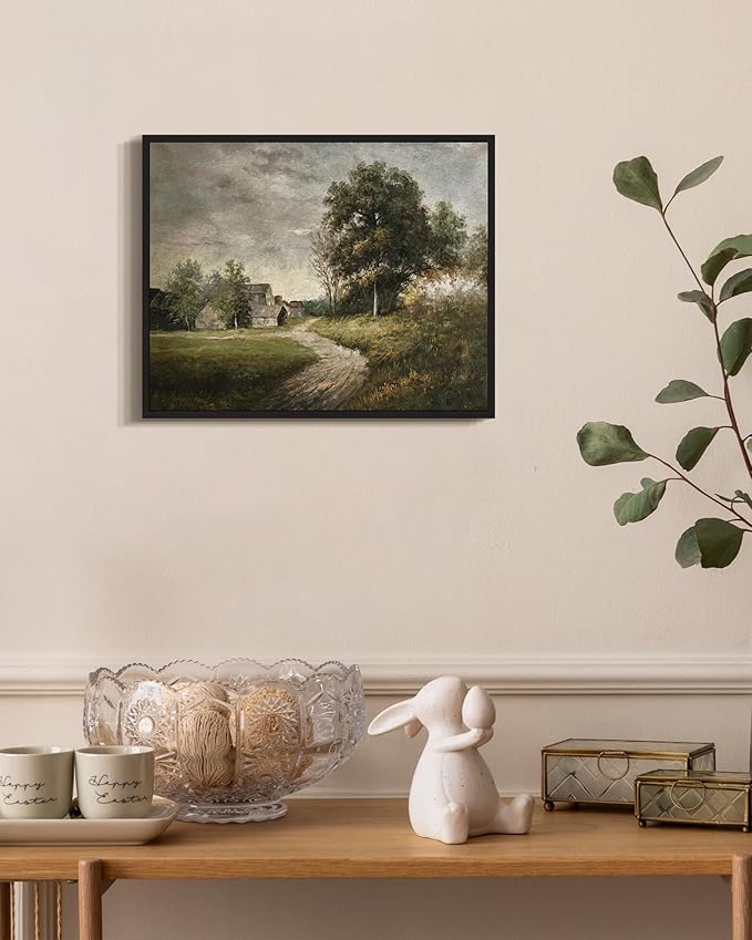 SHENIFY Vintage Landscape Framed Wall Art Rustic Cottage Countryside Farmhouse Decor Retro Painting for Kitchen Living Room Bedroom Bathroom - 8x10in Black Framed