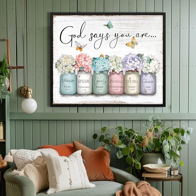 Inspirational Bible Verse Wall Art: God Says You Are Wall Decor Framed Christian Painting 24" x 30",Hydrangea Flower in Mason Jar Prints Hanging Posters Religious Bedroom Decor for Women Girls