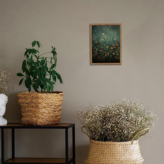 Wildflower Field Framed Wall Art, Vintage Botanical Flower Wall Decor, Modern Farmhouse Floral Canvas Art, Green Field Landscape Pictures Artwork for Living Room Bedroom – 8x10 inch