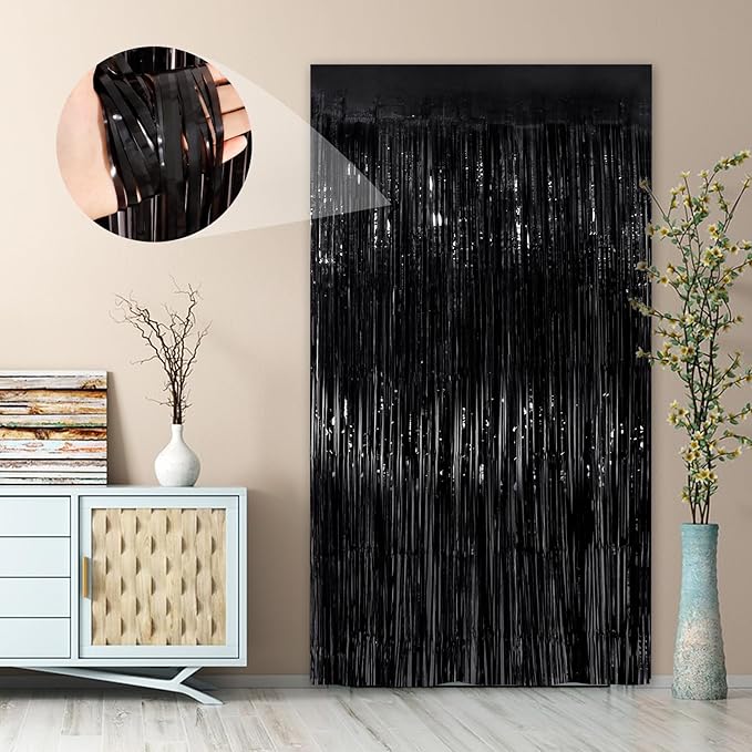 Black Fringe Curtain Party Streamers 2Pack 3.3x8.3 Ft Foil Fringe Backdrop Curtains for Birthday Wedding Bridal Baby Shower Halloween Decor Tinsel Streamers Black Party Decorations Door Streamers