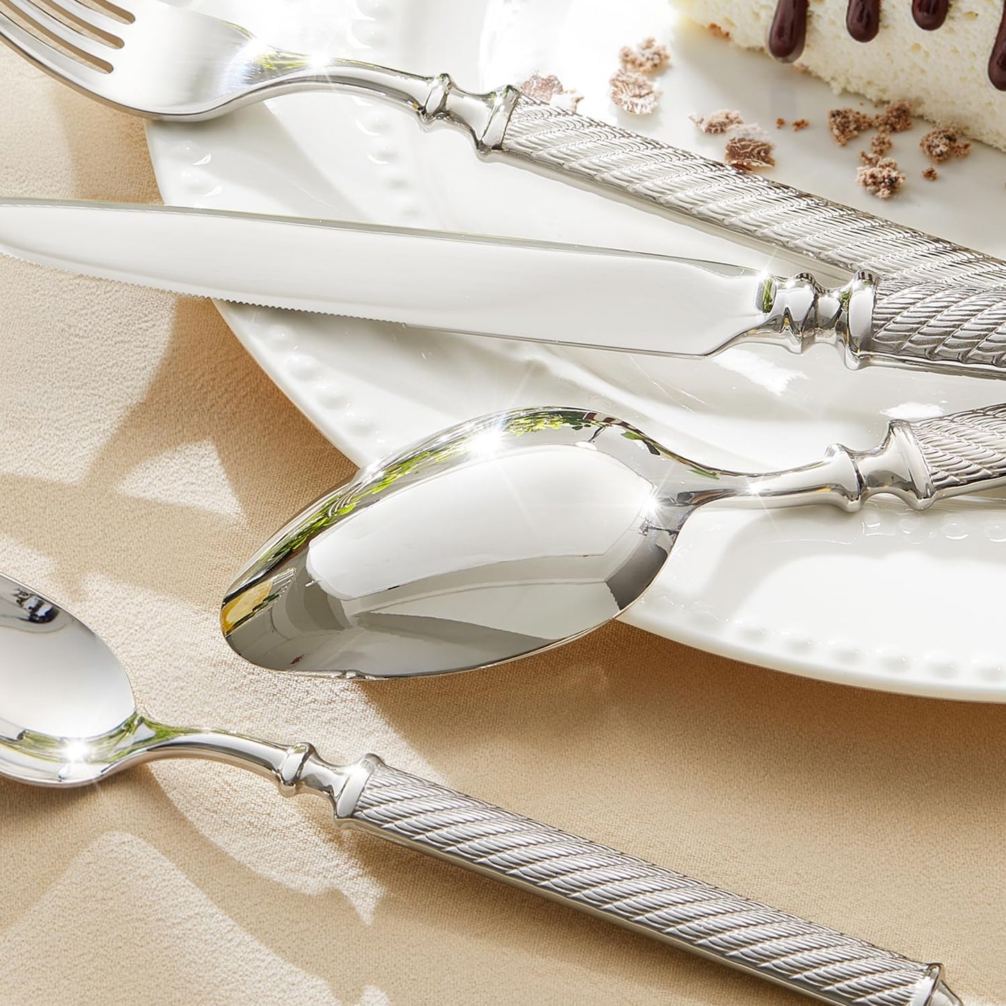 KINGSTONE Retro Rope-Pattern Silverware Set, 60-Piece Flatware Set Cutlery Set Forged with Handcrafted Texture Handles 18/10 Stainless Steel, Dishwasher Safe