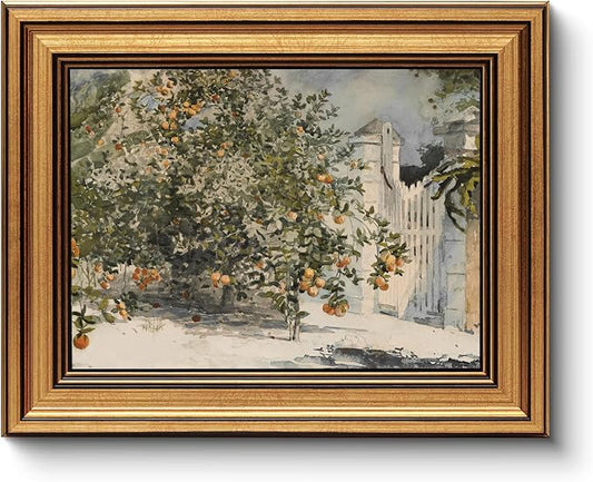 HUARCEY Framed Canvas Wall Art Prints, Kitchen Shelf Vintage Decor Aesthetic, Rustic Orange Trees Paintings Farmhouse Wall Decor, Retro Table Desk Decoration for Bedroom Bathroom, 8x10Inch