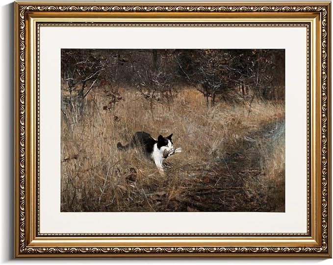 VIYYIEA Gold Framed Vintage Black Cat Holding A Bird Wall Art, Rustic Nature Scenery for Living Room Decor | No-Glass Design, Textured Canvas Finish | Elegant Home Office Wall Art, 13x16 Inch.