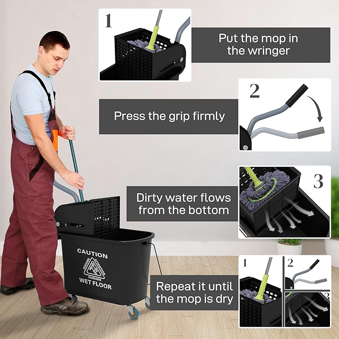 HOMCOM Commercial Mop Bucket with Side Press Wringer on Wheels for Floor Cleaning, 21 Quart, Separate Dirty and Clean Water, for Home Apartment Small Business and Office, Black