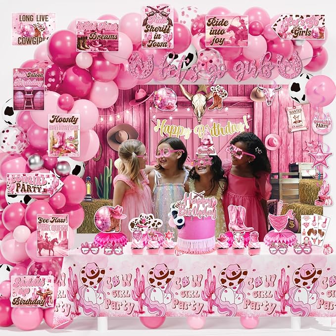 Cowgirl Party Decorations, 144 Pcs Pink Cowgirls Cow Girl Bday Party Decor Supplies for Girls - Backdrop, Banner, Tablecloths, Centerpieces, Paper Glasses, Hat, Stickers, Wall Signs