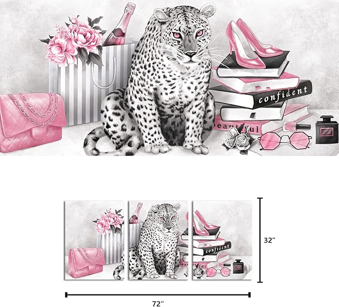 Visual Art Decor Glam Fashion Picture Pink Blush Wall Art Leopard Books High Heel Shoes Perfume Canvas Prints for Modern Home Office Woman Girl Makeup Bedroom Wall Decoration Creative Design Gift