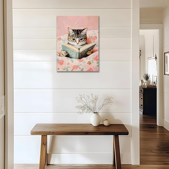 Framed Cats Canvas Wall Art, Funn Tabby Cat Reading Books Picture Wall Decor, Pink Vintage Animal Poster Prints for Girls Room Bedroom Kids Room Living Room Bathroom Decor 12x16 inch