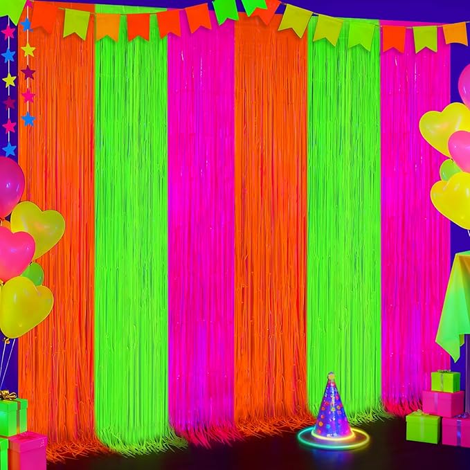 2 Pack Glow in The Dark Party Curtains Streamers, Neon Party Decorations Fluorescent Macaron Colorful Tinsel Foil Fringe Curtains, Photo Booth Prop Backdrop Streamers, Birthday Halloween Party Decor
