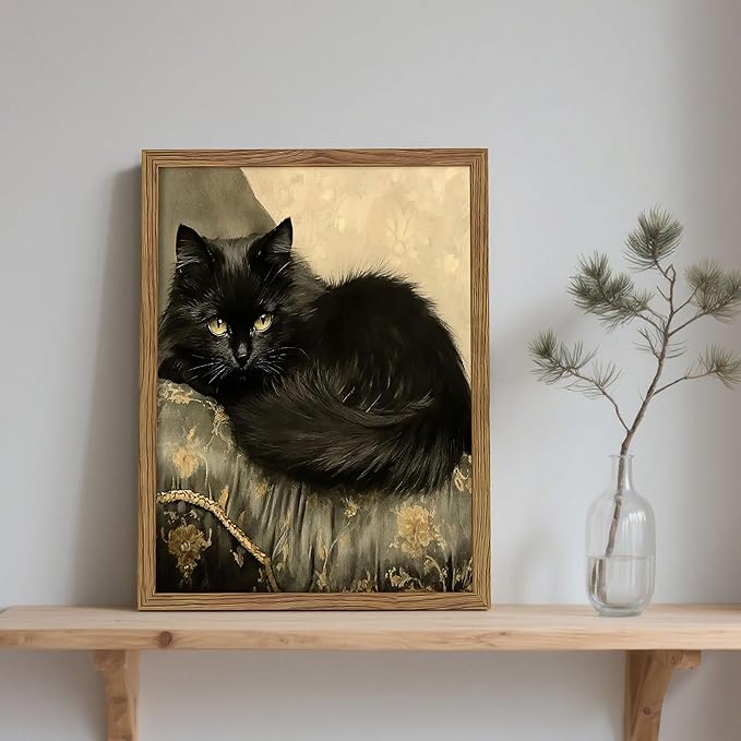 Black Cat Wall Art Framed, Vintage Cat Painting Print, Classical Animal Canvas Wall Decor, Rustic Cottagecore Aesthetic Pictures for Living Room Bedroom Home – 8x10 inch