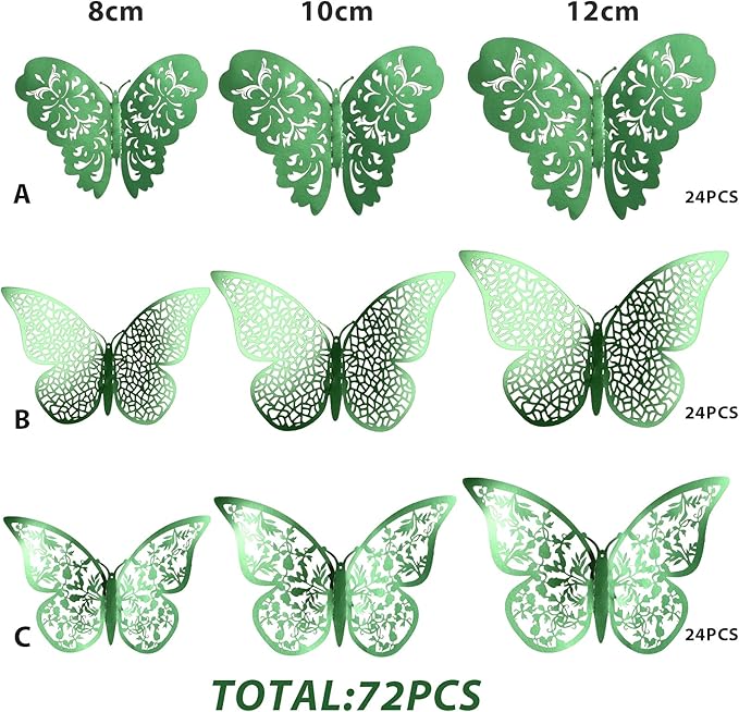 Bememo 72 Pieces 3D Butterfly Wall Decals Sticker Decal Wall Decor Art Decorative Sticker 3 Sizes for Room Offices Bedroom Bathroom Living Room Decor(Light Green)