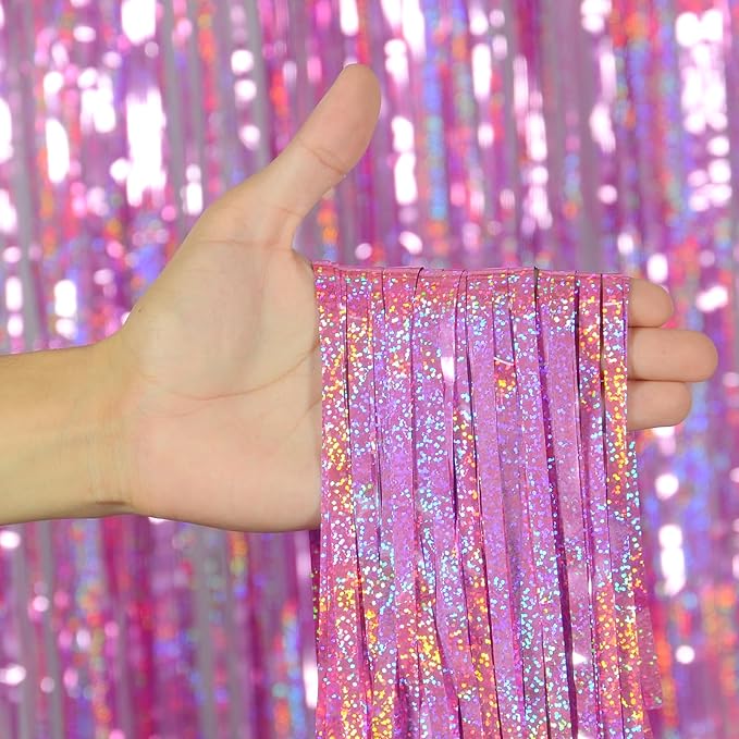 Melsan Hot Pink Foil Fringe Curtains – 3 Pack 3.2 x 8.2 ft Shiny Tinsel Backdrop for Bachelorette Party, Disco Y2K Decorations, Girls Birthday & Photo Booth Backdrop