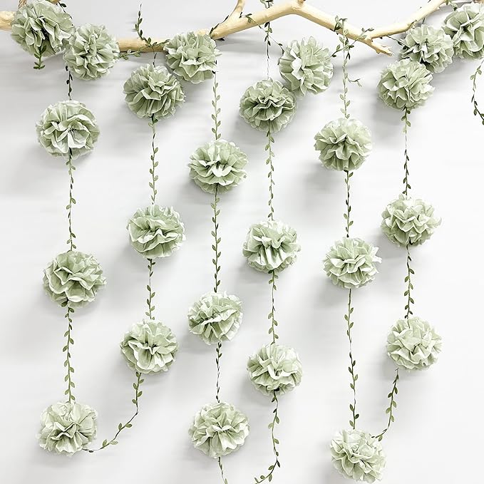 Sage Green Tissue Paper Flowers Pom Pom with Leaf Ribbon Dusty Green Hanging Garland Streamer for Birthday Baby Shower Wedding Engagement Woodland Safari Jungle Neutral Party Decorations Supplies