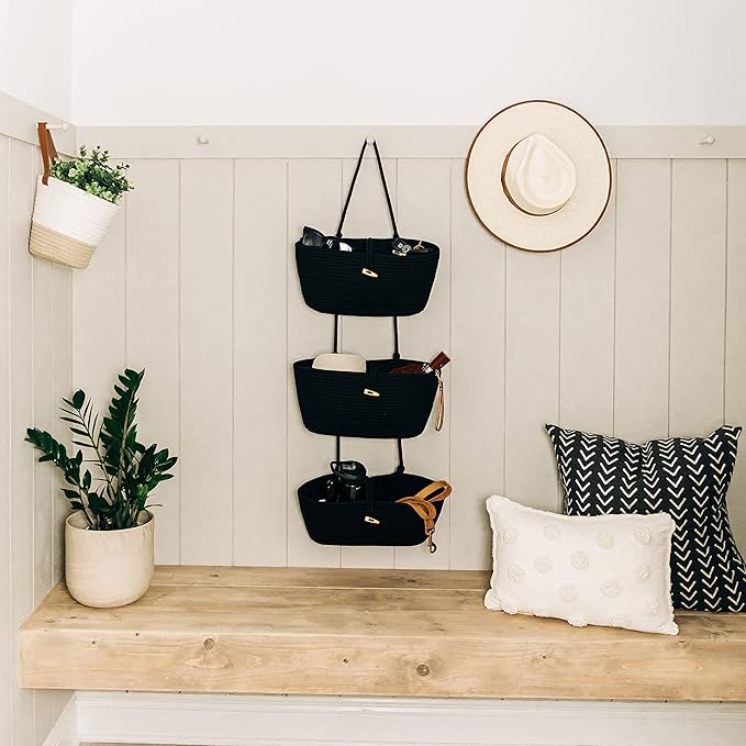 OrganiHaus Black Hanging Wall Baskets for Storage | Hanging Baskets for Bathroom Organizing | Behind Door Storage | Over the Door Basket | Nursery Storage Basket | Wall Hanging Basket for Organizing