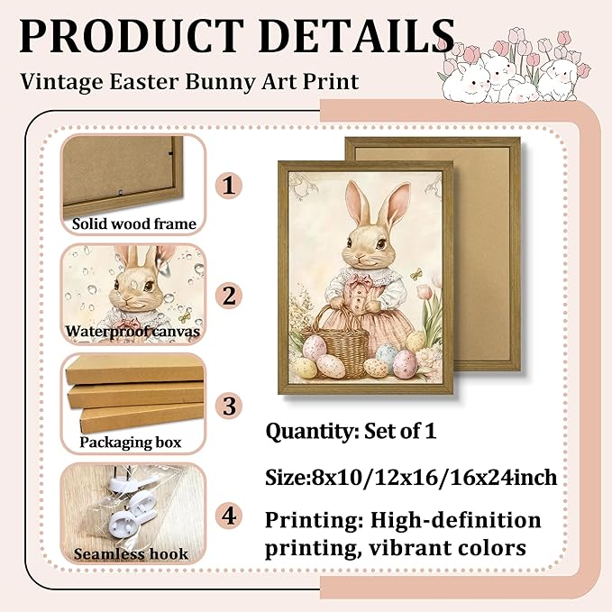 Framed Easter Bunny Wall Art, Vintage Holiday Decor Oil Painting, Rustic Farmhouse Spring Animal Wall Decor, Cute Rabbit Easter Eggs Canvas Print Paintings for Living Room Bedroom Nursery 12x16 Inch